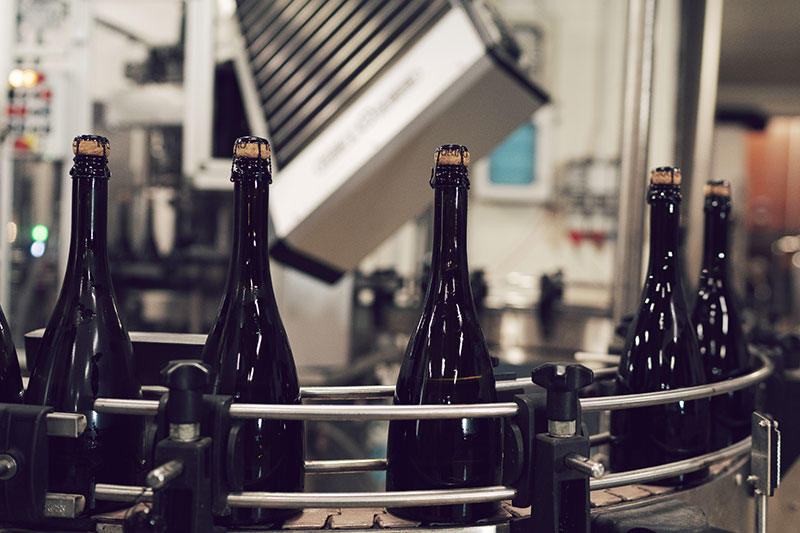 Wine bottles on the production line